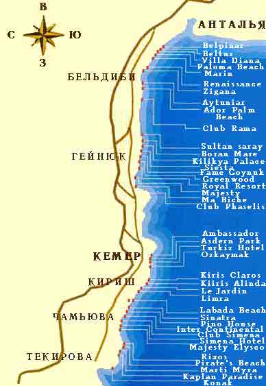 Карта побережья кемера с отелями